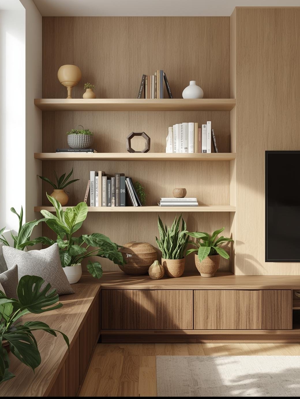 Home skapa en bild med väldigt fina hyllor och tv bänkar, ha med lite fina gröna växter